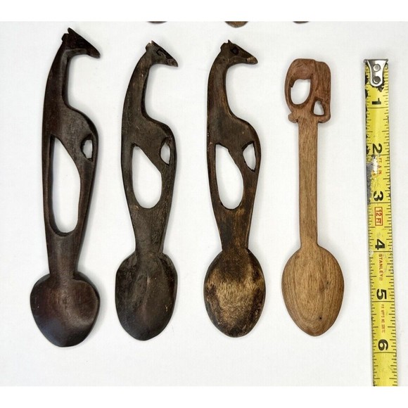 8 Wooden animal Carved Spoons Safari Animals Hand Carved Giraffe Elephant - Picture 10 of 10